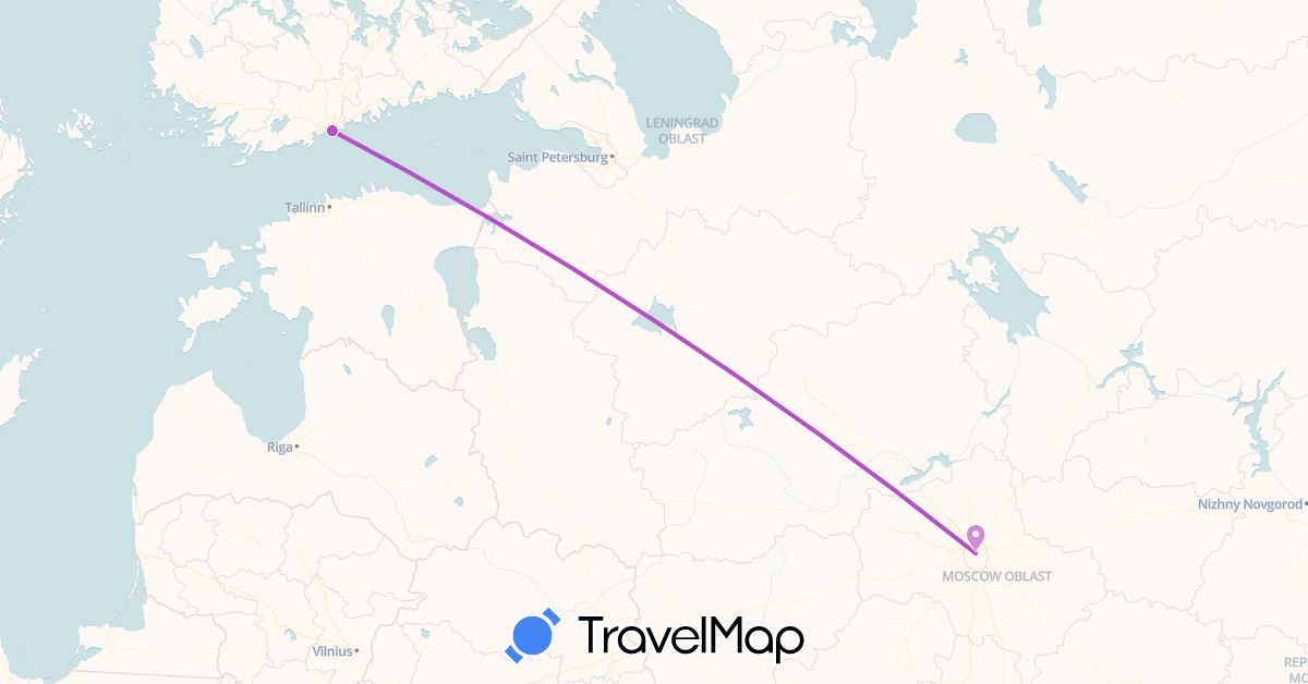 TravelMap itinerary: driving, train in Finland, Russia (Europe)